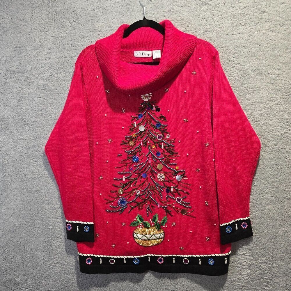 BP DESIGN CHRISTMAS SWEATER SZ LARGE XMAS TREE SEQUIN BEADED COWL NECK HOLIDAY